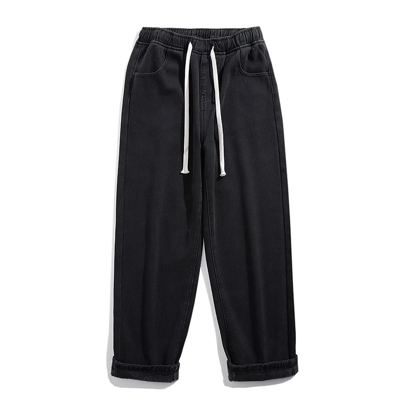 Classic Mens Winter Thick Wool Jeans Korean Street Hip Hop Loose Velvet Straight Leg Wide Pants Warm Blue Black 251226