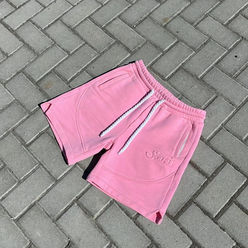 Unisex Y2K Harajuku Solid Pink Sweatpants Letter Embossed Hip Hop Retro Casual Comfortable Baggy Shorts for Men And Women 260104