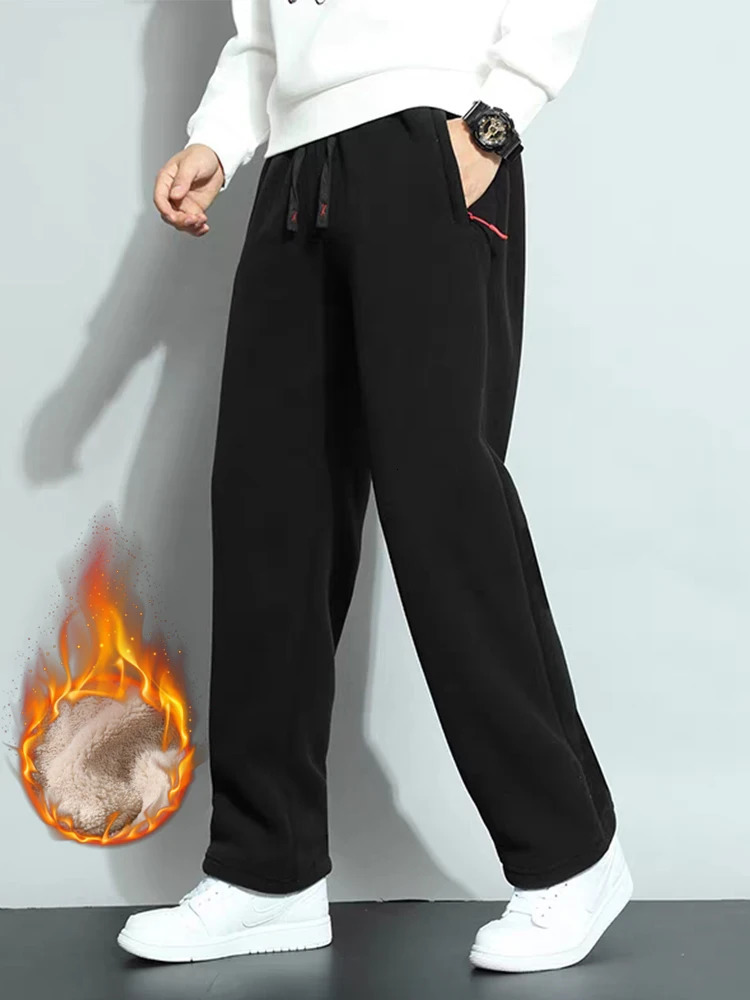Mens Winter Fleece Pants Straight Warm Sweatpants with 2 Zip Pockets Snow Cold Thickened Thermal Men Trousers 251213