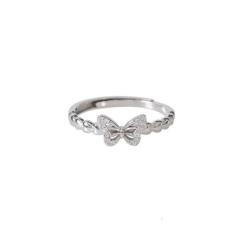 Real 925 Sterling Silver Zircon Butterfly Heart Adjustable Rings for Women Cute Fine Jewelry Minimalist Insect Accessories