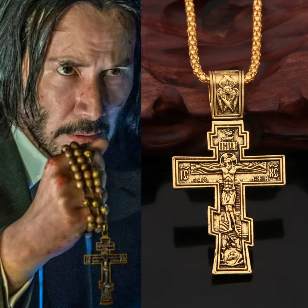 Movie John Wick Jesus Cross Necklace Crucifix Eastern Orthodox Prayer Big Pendant For Men Women Jewelry Accessories Gifts 251230