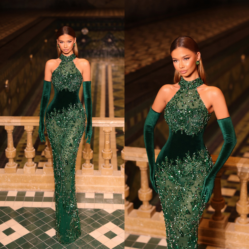 Sparkly Halter Evening Gown Beaded Sequined Mermaid Prom Dresses Customized Birthday Night Party Dress Formal