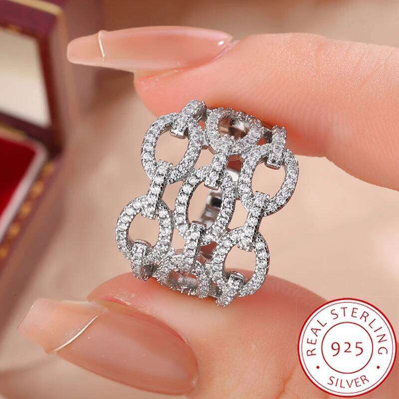Hip Hop Hollow-Out Chain for Women 925 Silver Plated Openwork Jewelry Trendy Stackable Ring Party Birthday Gift