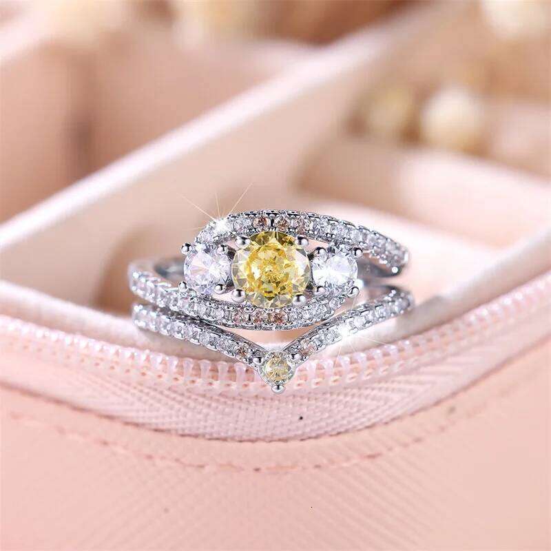 2pcs Female Yellow Round Ring Trendy Silver Color Engagement Bride Wedding Jewelry Gift For Women