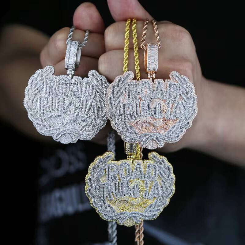 Ice out VVS Moissanite Men's Fashion Hip-Hop Ice Pearl CZ Letter Runa Pendant Necklace Two-Tone Brass Badge Charm