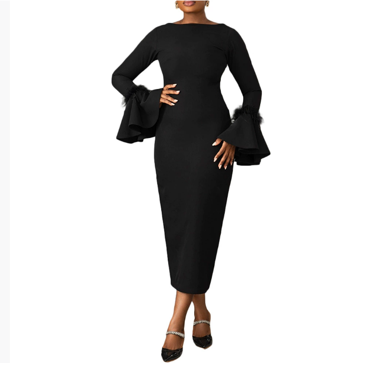 New European and American women's clothing autumn and winter new product solid color slim fit feather trumpet sleeve slit dress