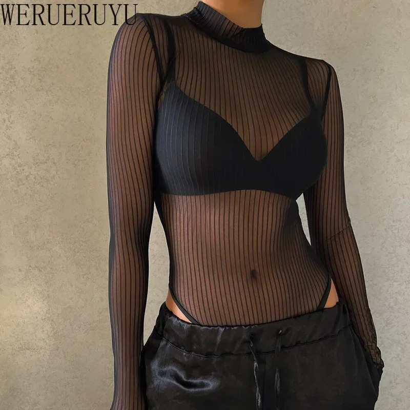 Black Stripe See Through Bodysuit Women s Clothes Summer Sexy Tops Turtleneck Long Sleeve Backless Jumpsuits for 251231