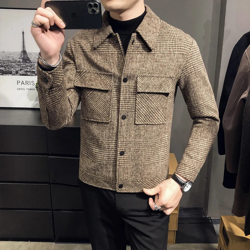 AutumnWinter Men Polo Neck Woolen Jacket Fashion Slim Fit Suit Coat HighQuality Checkered Multi Pocket Korean Casual Jacket 251226