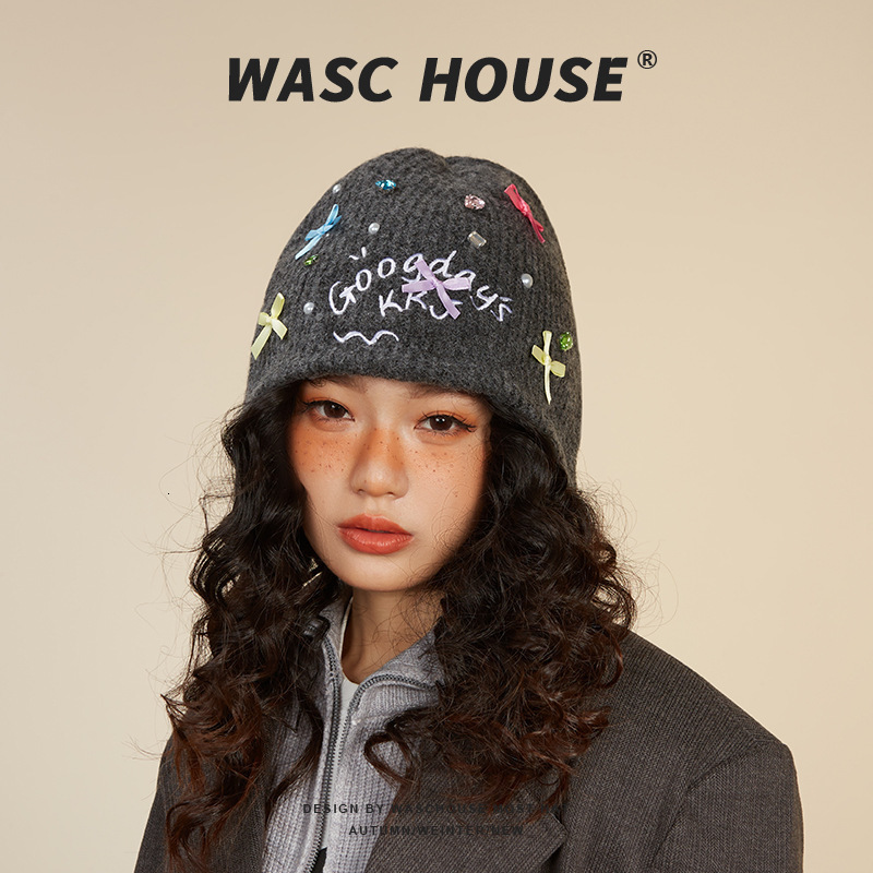 WASC Autumn Winter New Knitted Hat for Women with Bowknot Print Warm and Cold-Proof Ins Trendy Slouchy Beanie 251103