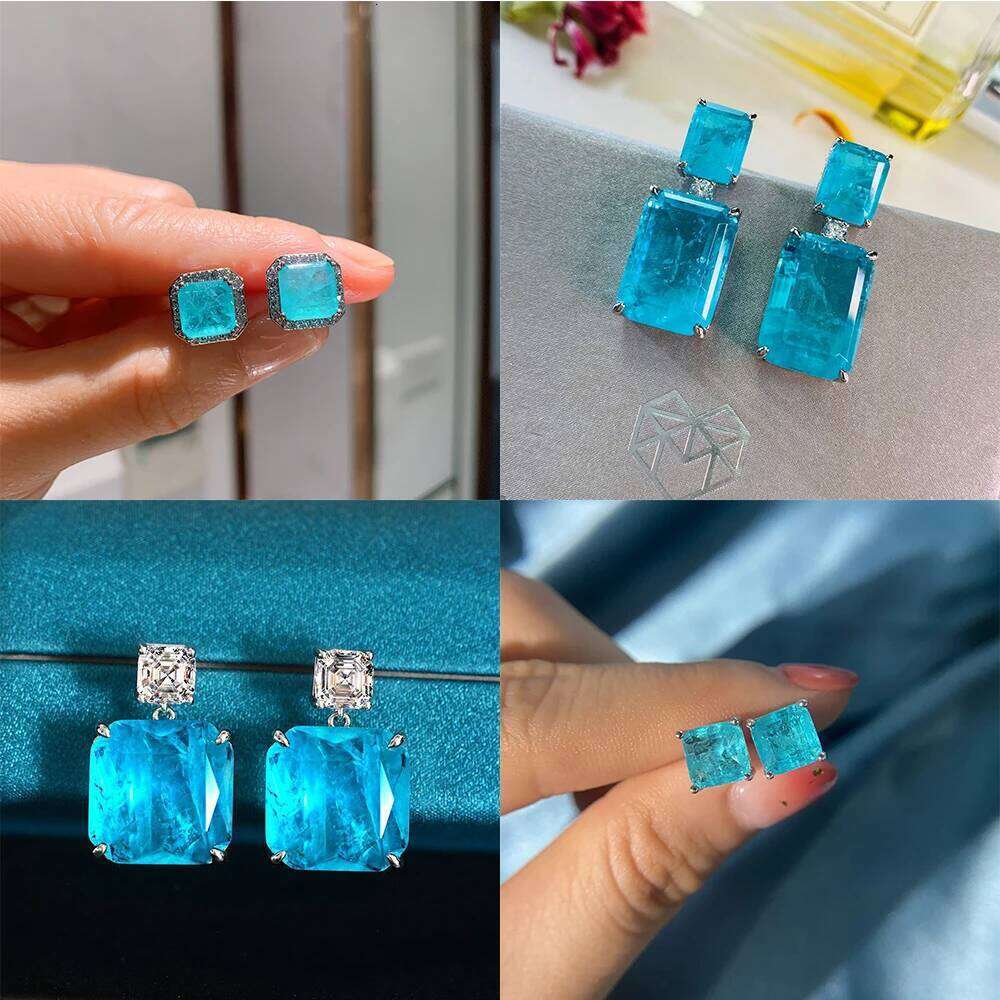 Vintage for Women Paraiba Blue Tourmaline Square Stud Earrings Multicolor Crystal Zircon Wedding Jewelry Party Earring
