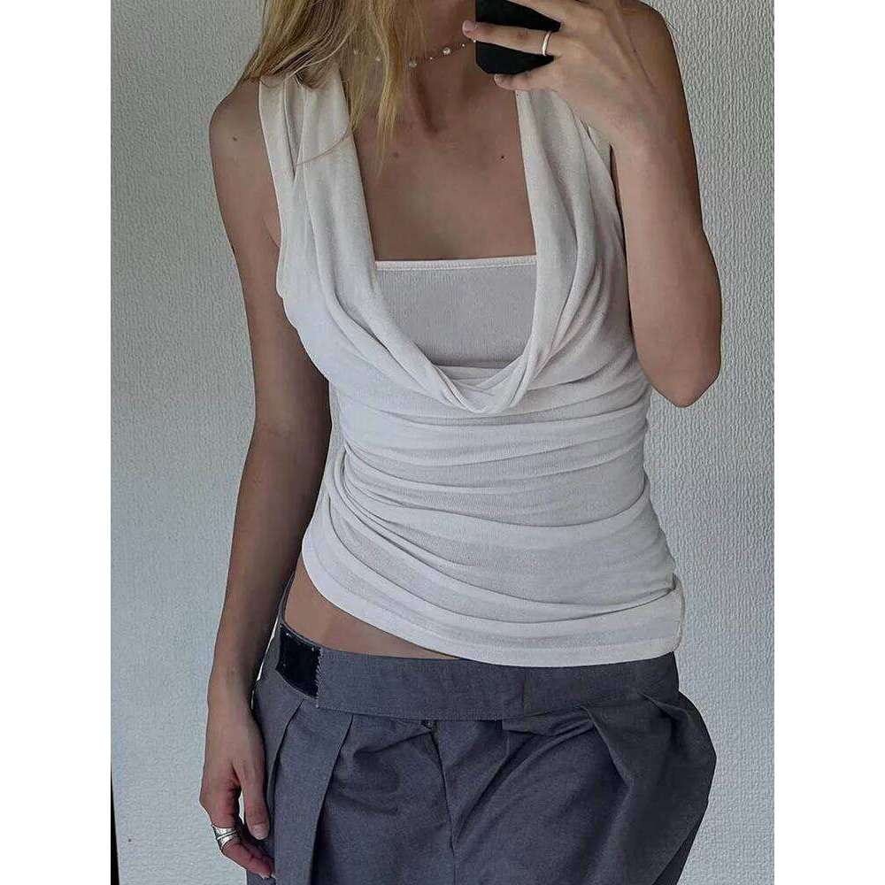 Swing collar fashionable vest summer vacation style, sleeveless pleated crop top for women