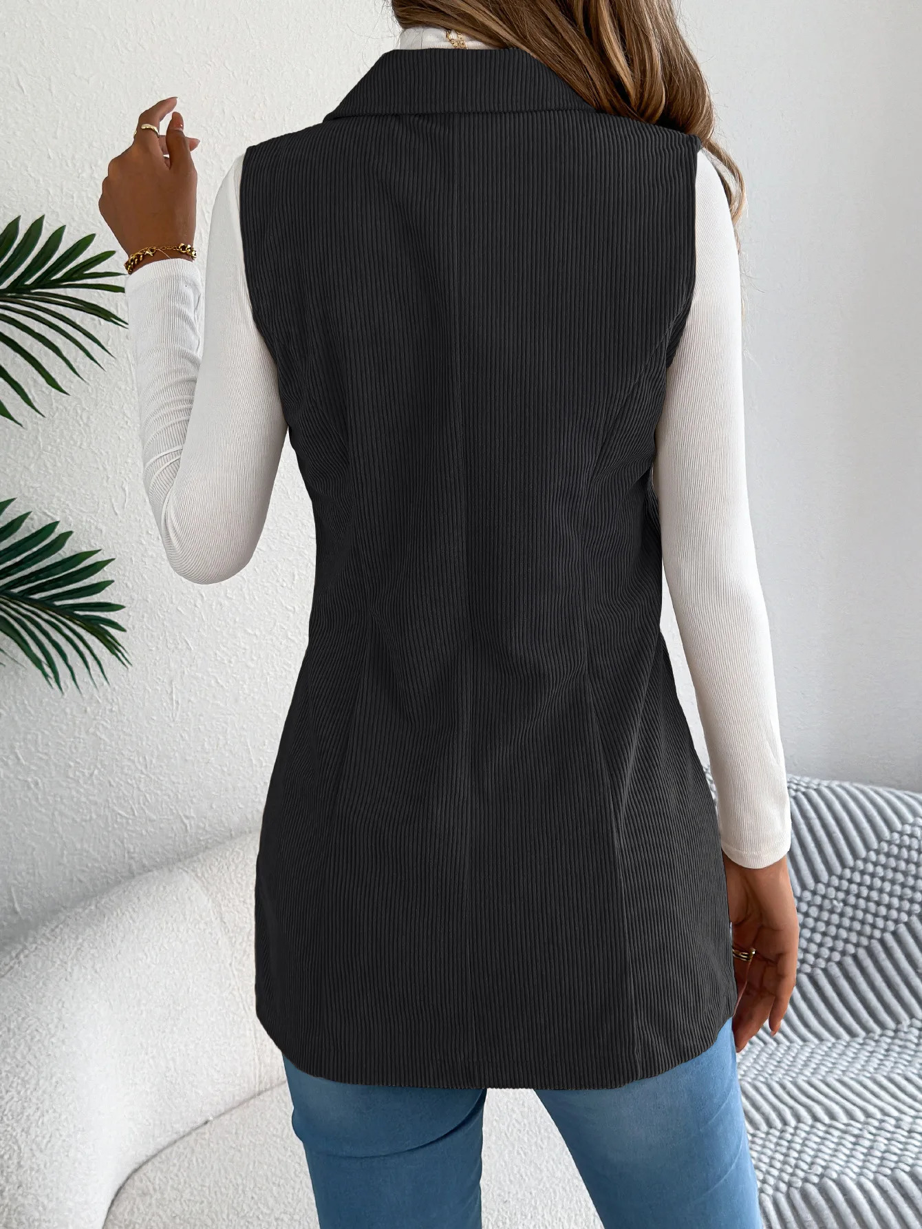 Womens Fall Winter Solid Color Sleeveless Casual Jacket with Suit Lapel SingleBreast Clre and Pockets 251225