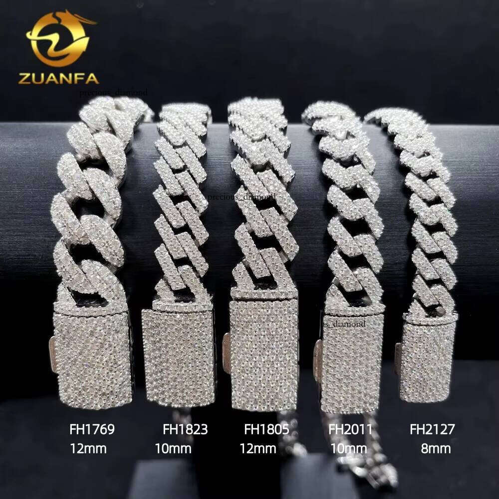 Ready to Ship Men's Hip Hop Jewelry Pure Silver 925 12MM 2 Row VVS VVS Moissanite Iced Out Cuban Bracelet