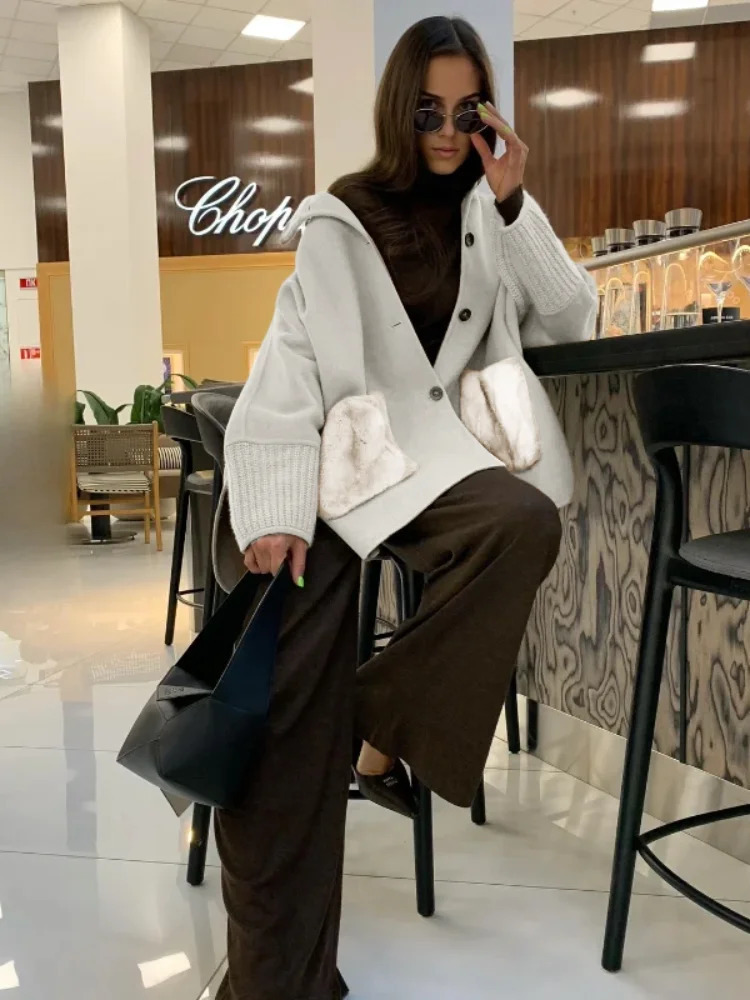 Loose Knit Fur Womens Sweater Casual Standup Collar Long Sleeve Single-breasted Female Cardigan 2025 Winter Pocket Knitwear 251225