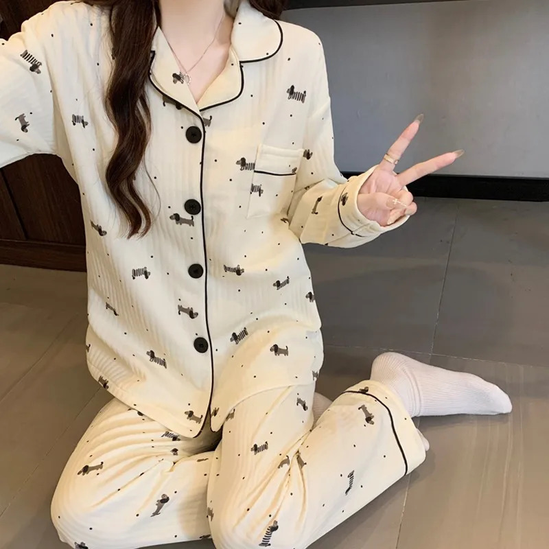 TwoPiece Set Ladies Pajamas LongSleeved Cartoon Sweet Cute Print Cardigan Home Wear Simple Sleepwear Winter Autumn 251231