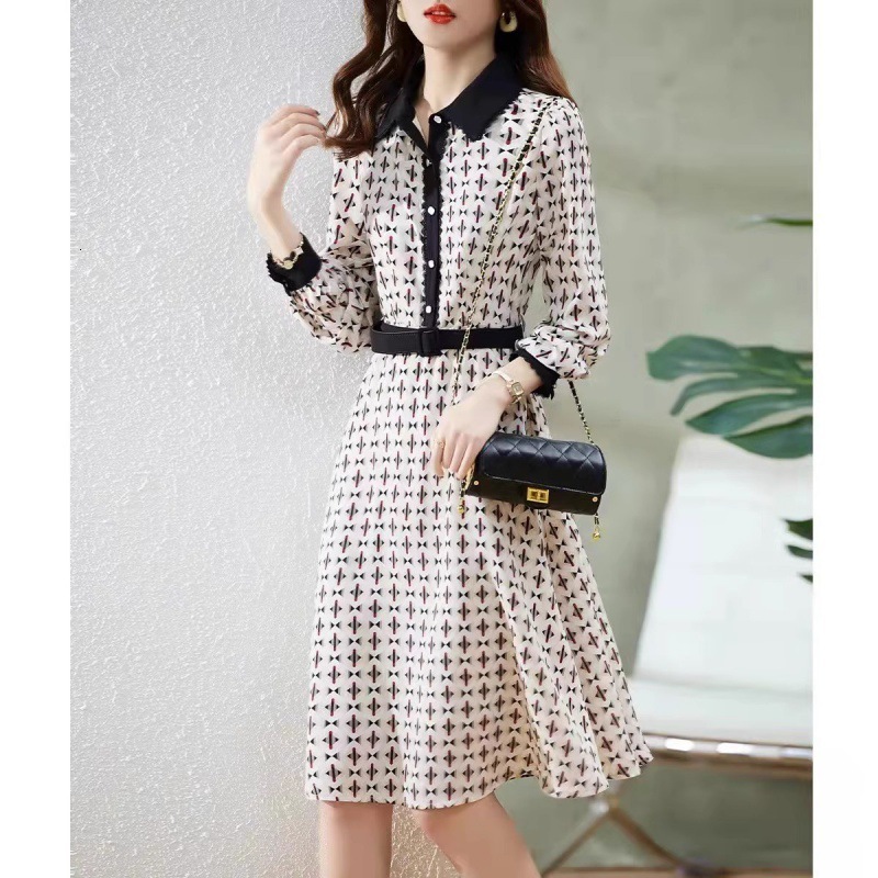 New Trendy Color-blocked Patchwork Pattern Casual And Simple Fitted Chiffon Long-sleeved Dress Shirt Dress Elegant Lady's Dress