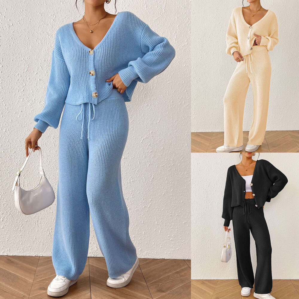 Autumn Winter Foreign Trade Women's Solid Color Elegant Short Top Loose Cardigan Straight Pants Wide Leg Drawstring Two-Piece Set for Women