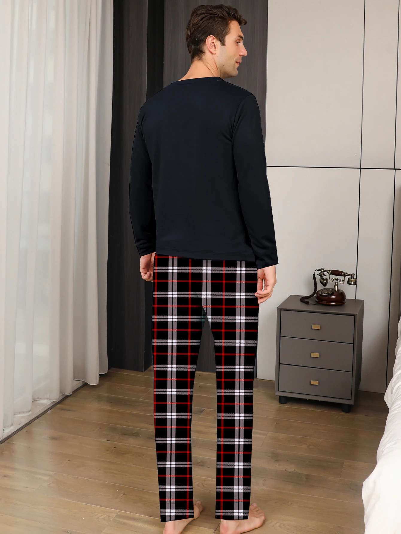 Two piece sets mens pajamas autumn and winter long sleeved pants checkered sleepwear set 251231