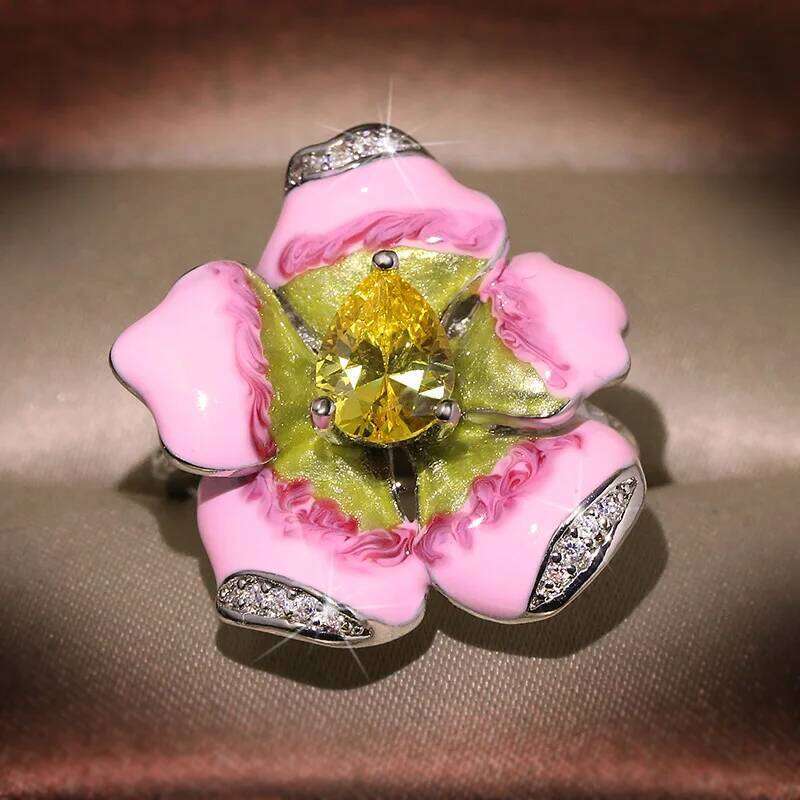 Fashion Red Enamel Big Retro Jewelry Antique 925 Silver Bohemian Beach Party Crystal Ring Female Flower Rings