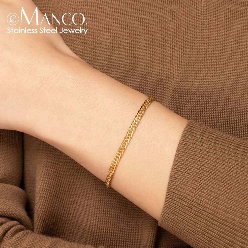 eManco Fashion Cuban Chain Gold-Plated Men's Bracelet Stainless Steel Upgraded Lobster Clasp Adjustable Simple Accessories