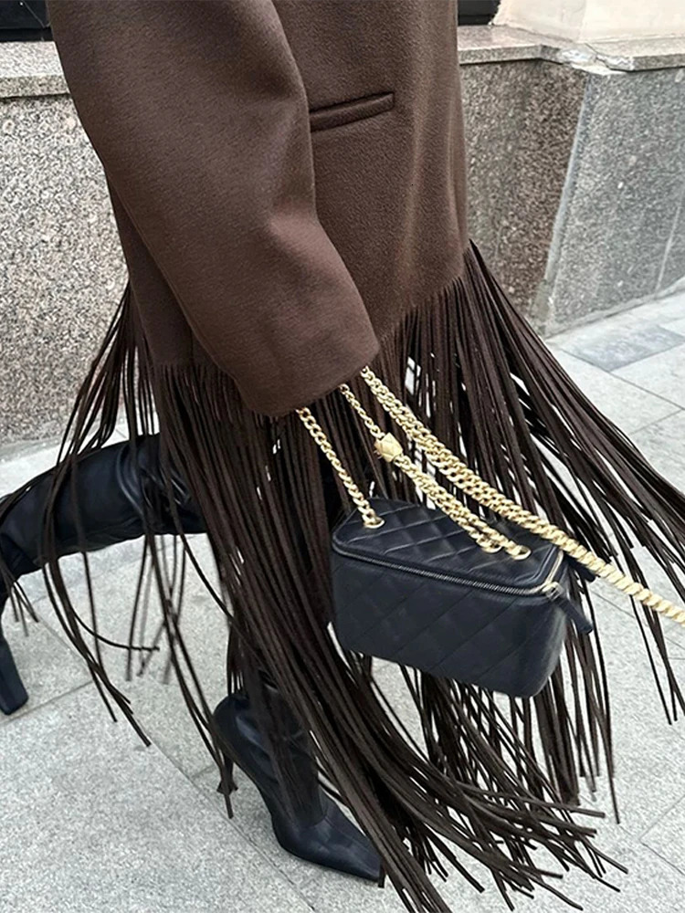 Fringed Woolen Trench Coat Suit Collar Loose Commuting MidLength Women Tassel Overcoat Street Trend Solid Color Classic Outwear 251231