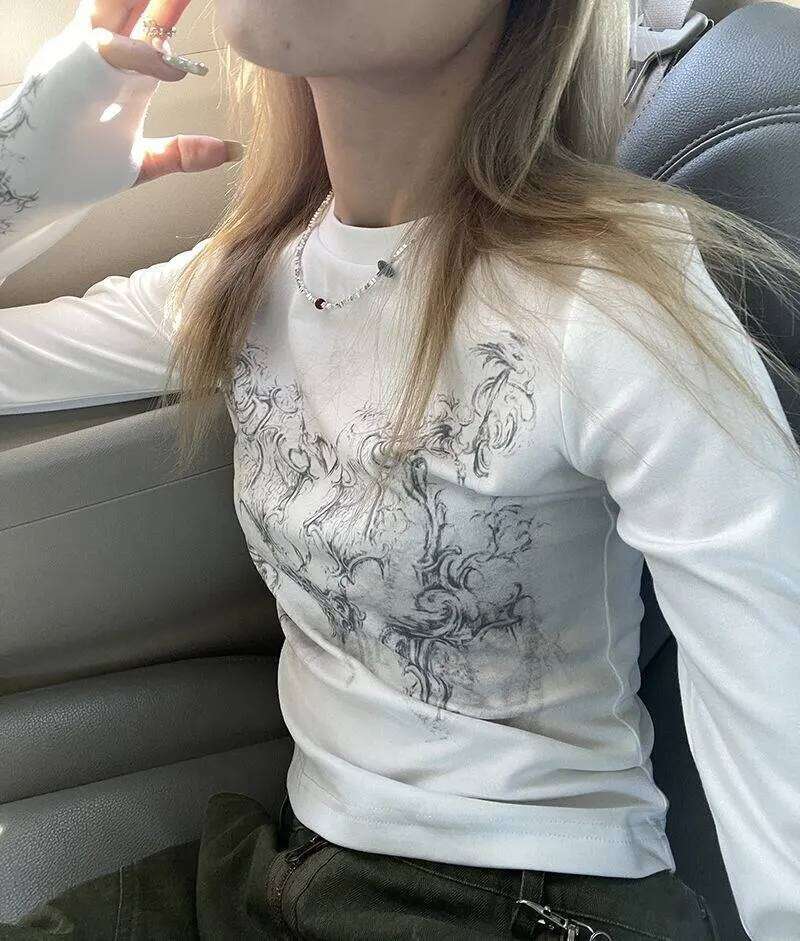 Retro Y2K T-shirt 2025 Blusas round neck long sleeved printed waistcoat women's clothing fashion casual crop to