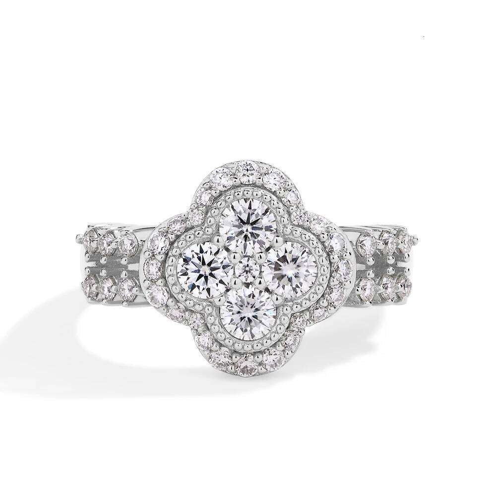 High Quality Moissanite 18k White Plated Diamond Ring for Women S925 Silver Engagement Wedding Fine Jewelry Four-Leaf