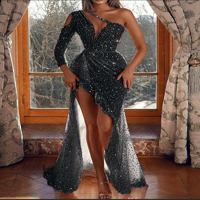 Women's Dream Socialite Party Party Quality Sexy High Slit Long Sleeve Sequin Dinner Gown