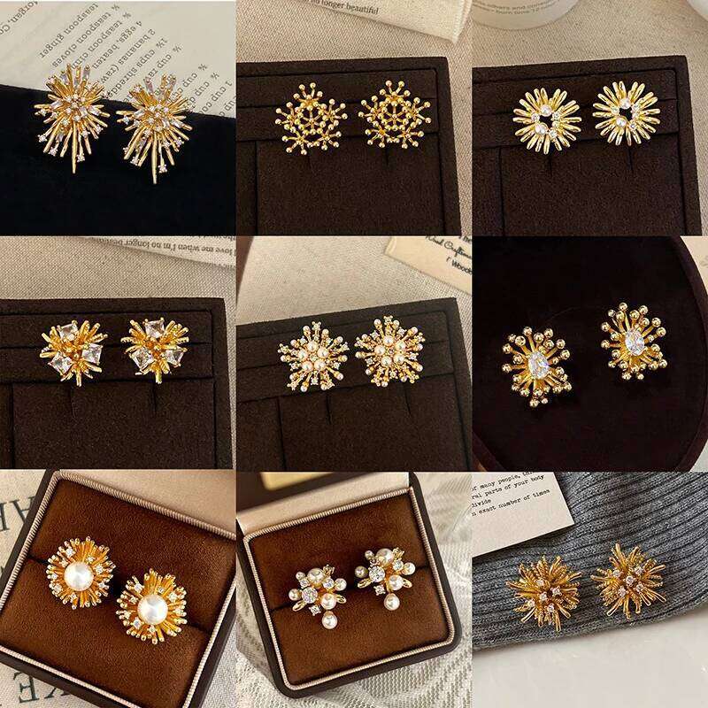 Tibetan Silver Zircon Imitation Pearl Firework Flower Stud Earrings for Women Romantic Fashion Jewelry Accessories