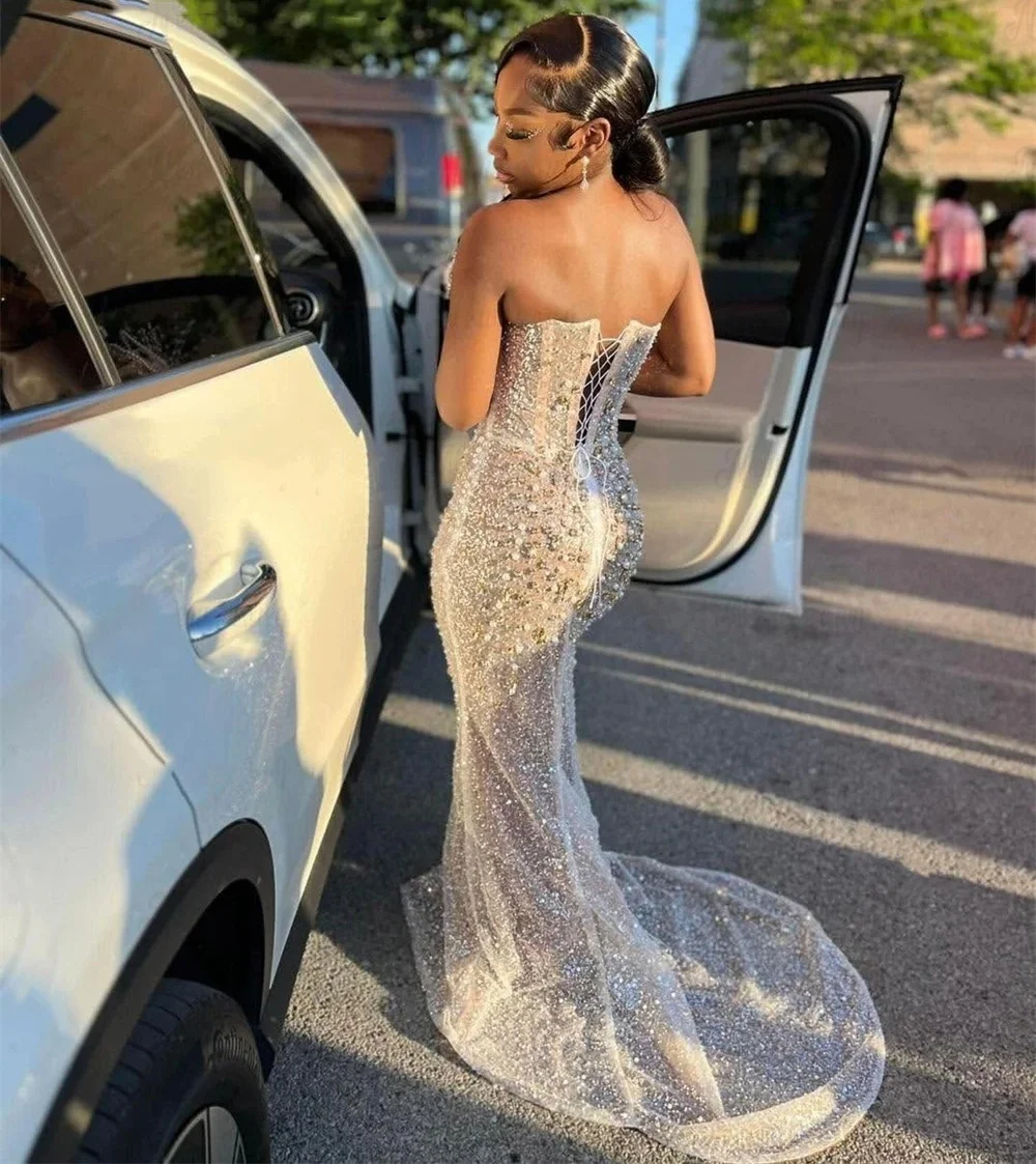 Sparkly Beaded Evening Formal Dress 2026 Luxury Mermaid 3D Pearls Corset Aso Ebi Prom Pageant Party Gowns Celebrity Robe De Soriee