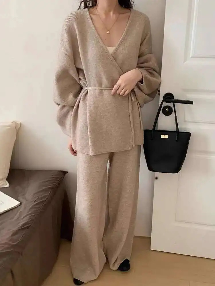 LANMREM Womens Knit 2 Piece Set Lace-up Gathered Wast Cardigan Coats High Waist Wide Leg Pants 2025 Winter 26C1023 251226