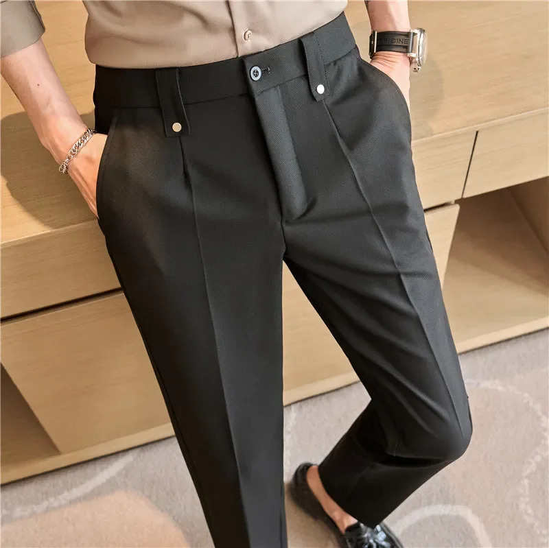 Mens Suit Pants 2026 Spring British Style Elastic Waist Solid Casual Formal Dress Pants Slim Fit Trousers for Men Clothing 251227