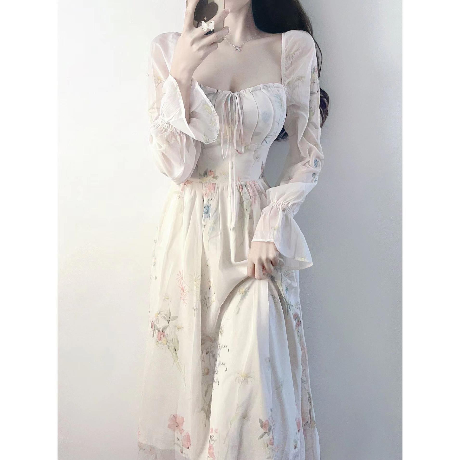 Urban Sexy And Luxurious Women's French-style Floral Dress 2026 Early Spring New Model High-end Elegant Long Dress Waist Cinched, Fairy-like Dres