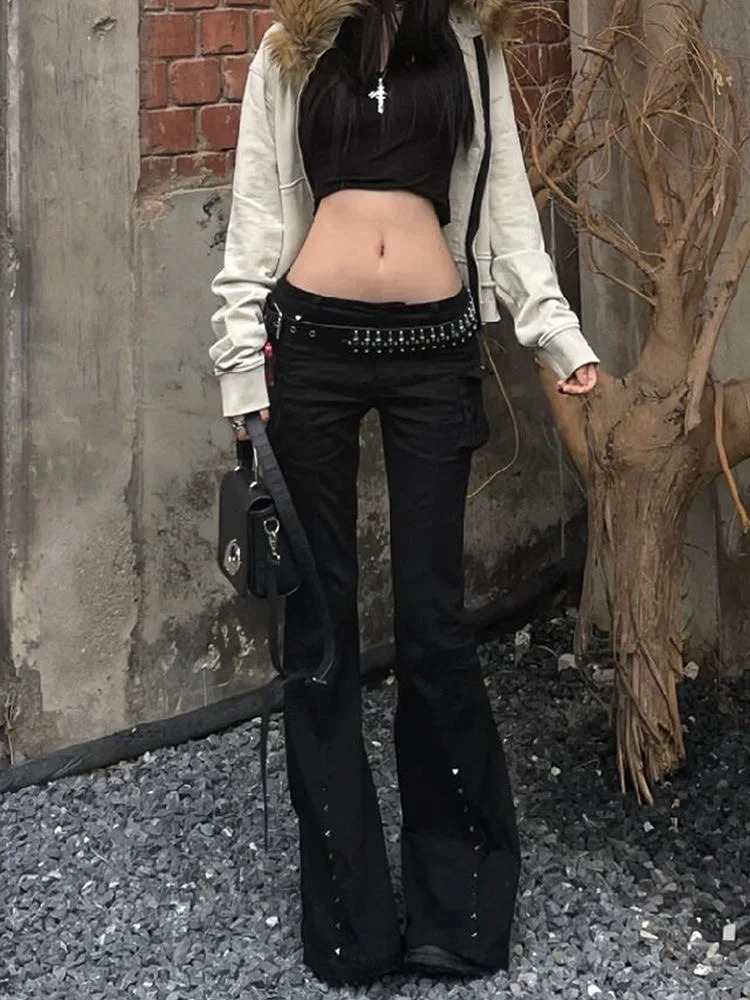 Women Dark Academia Goblin Core Long Trousers Gyaru Goth Low Rise Flare Pants Y2K Streetwear Stretch Japanese Harajuku Grunge 251225