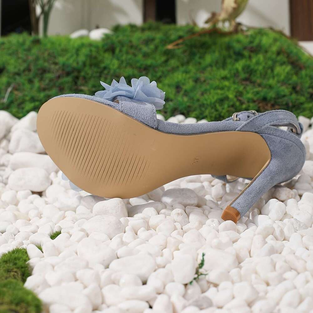 Elegant 2026 Women Lace Stiletto Sandals Sexy Floral Design Toe With Ankle Strap High Heel Dress Shoes Blue MOJIDASHU