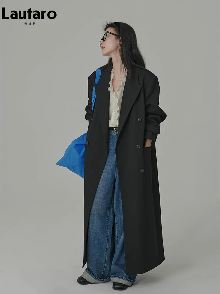 Lautaro Spring Autumn Long Loose Casual Flowy Black Trench Coat for Women Double Breasted Korean Style Maxi Overcoat 2023 251231