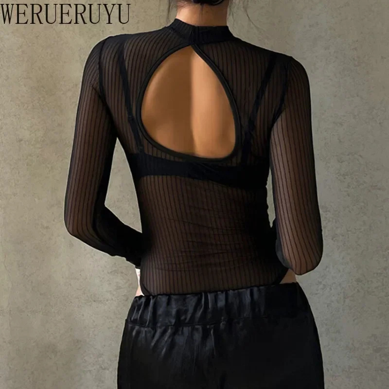 Black Stripe See Through Bodysuit Women s Clothes Summer Sexy Tops Turtleneck Long Sleeve Backless Jumpsuits for 251231