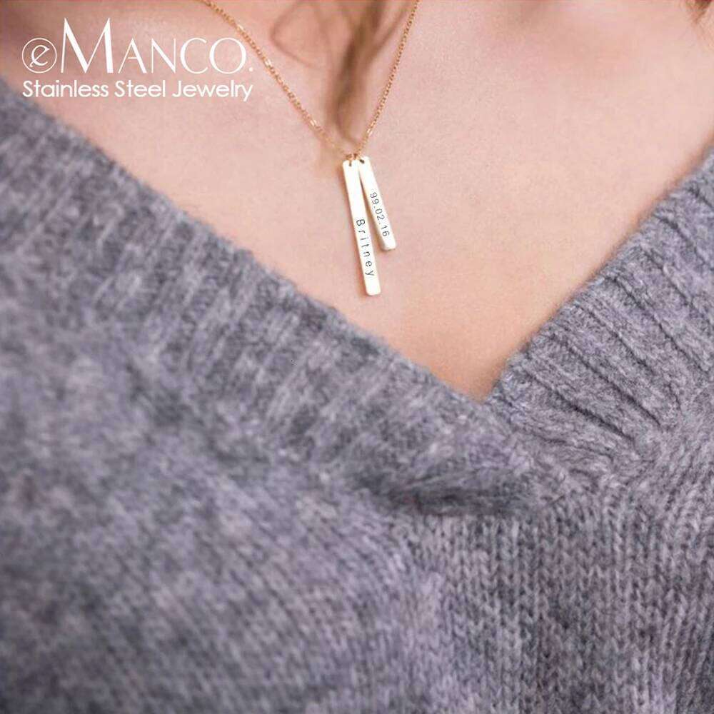eManco Stainless Steel Long Double Pendant Name Personalized Engraved Necklace Birthday Gift
