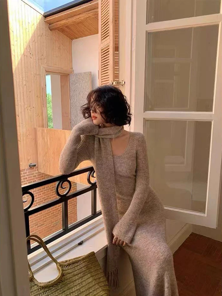 Vintage Knitted Midi Dress Y2K Autumn Slim with Scarf Long Sleeve Dress Female Korean Streetwear Chic All Match Female Vestidos 251225
