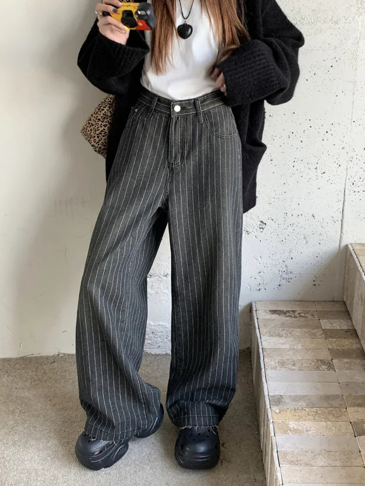 Ropa Y2K Fashion Vintage Striped Wide Leg Baggy Jeans Pants For Women Clothes Straight Washed Black Casual Lady Trousers 251226