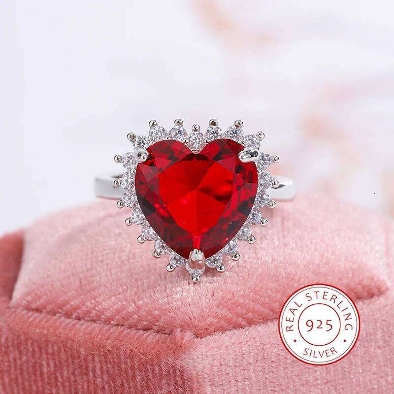 New Temperament Simulation Red Tourmaline Gem Heart Shaped Opening Ring Female 925 Stamp Fashion Jewelry Party Birthday Gift