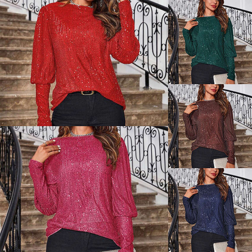 2026 European and American Foreign Trade New Commuter Style Loose Long Sleeve Sequin Round Neck Shirt Top T-Shirt for Women
