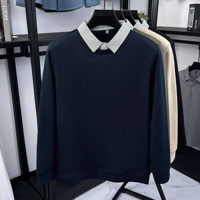 Light luxury men's striped lapel sweater autumn winter plush thickened warm comfort casual new fashion fake two-piece pullover