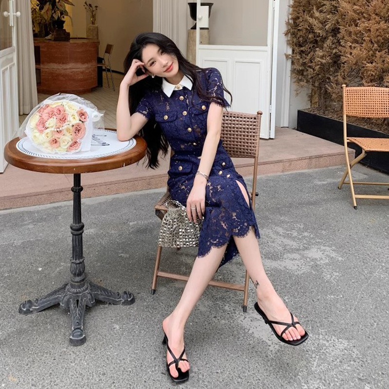 Luxurious High-end Long Dress Dark Blue Color Heavy Lace High Contrast Colors Doll Collar Beautiful Urban Sexy Fitted Women's Dress