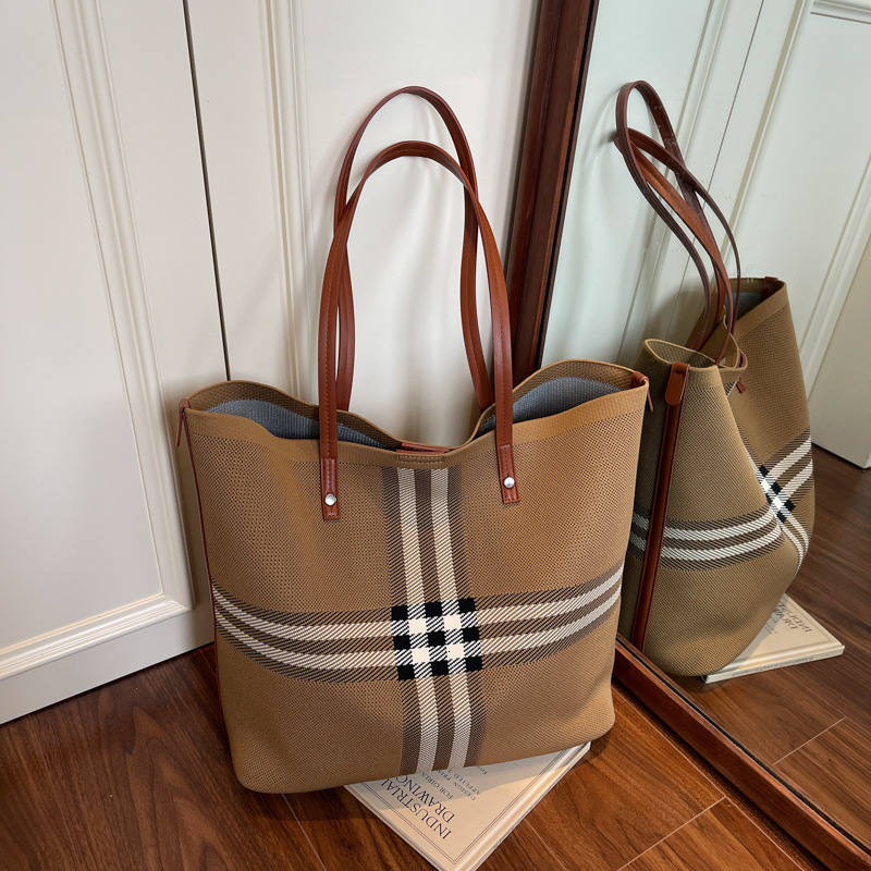 designer bag New Capacity Tote Casual Shoulder Fabric Striped Women's Commuter Large Bag Grocery Basket