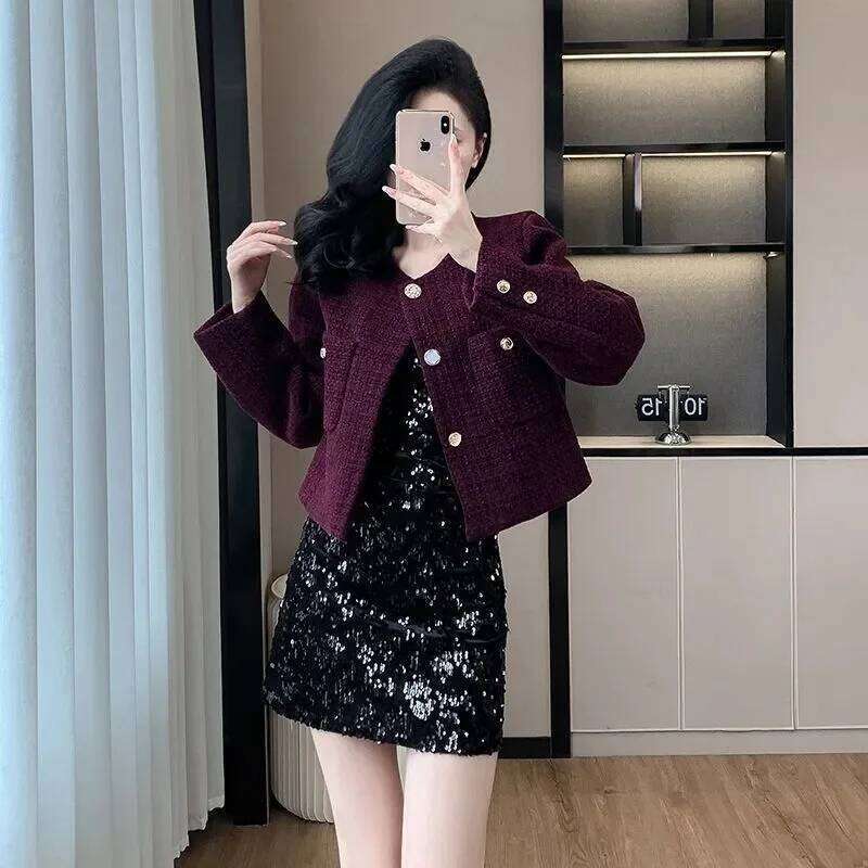 Purple Tweed Short Jacket Women's Coarse Woolen Coat Spring Autumn O-Neck Single-Breasted Streetwear Lady Outerwear