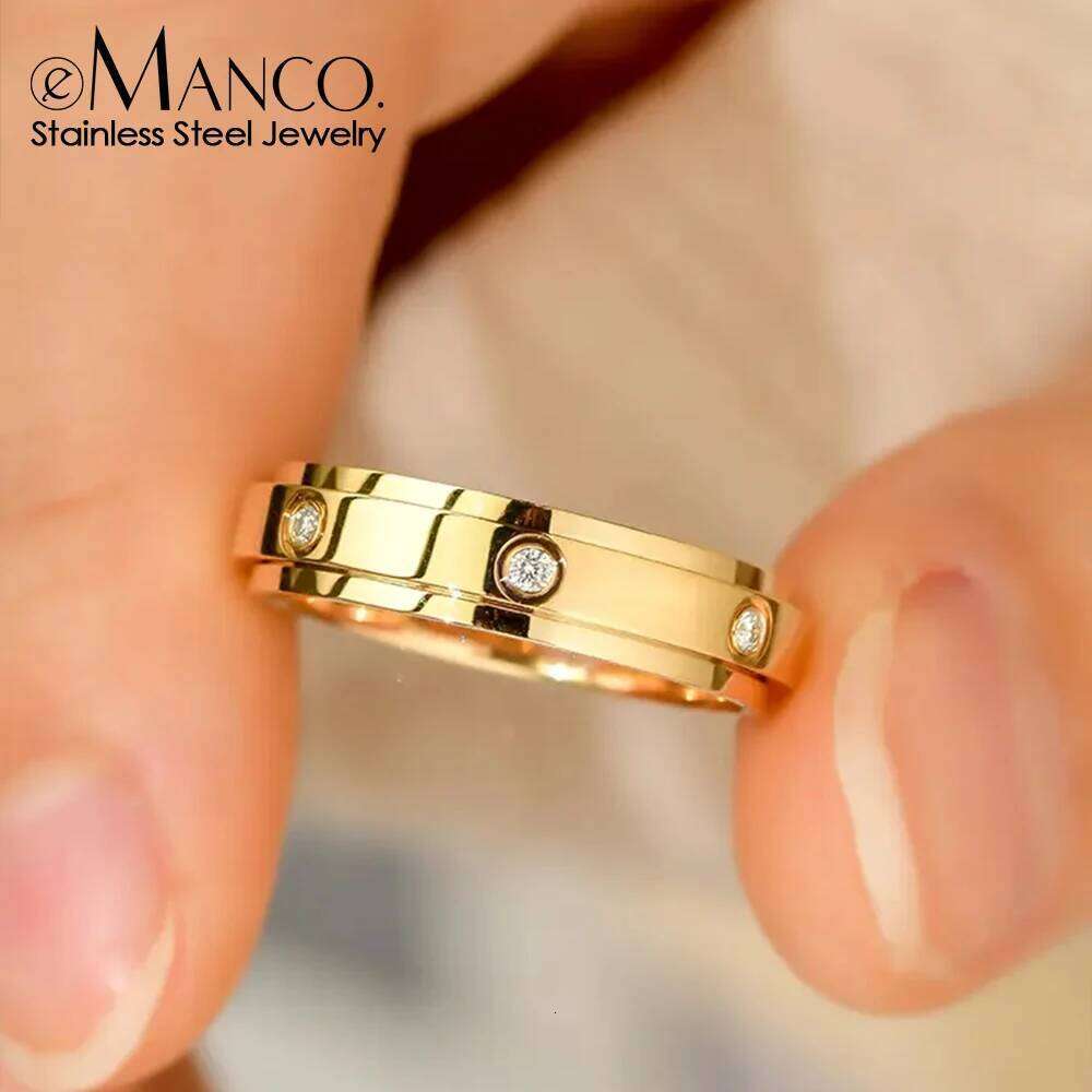 eManco Stainless Steel Metal Texture Inlaid With Rhinestones Gold-Plated Smooth Surface Rings Women's Jewelry 48 Hour Shipping
