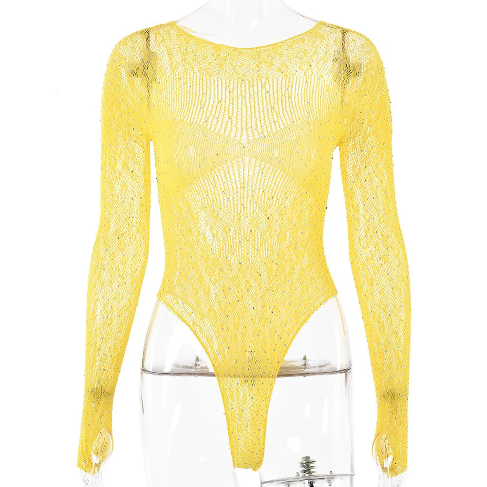 Womens Spring Sexy Hollow Out See Through Bodysuits Long Sleeve Stamping Diamond Lady Rompers T Shirts Clothing 251231