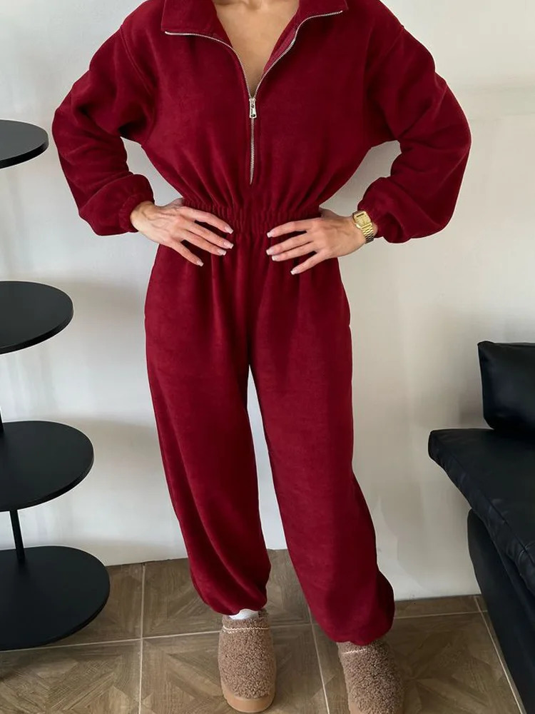 Fashion Sports Jumpsuit Autumn Long Sleeved Zipper High Waist Wide Leg Casual Warm Polar Fleece Women Clothing 251226