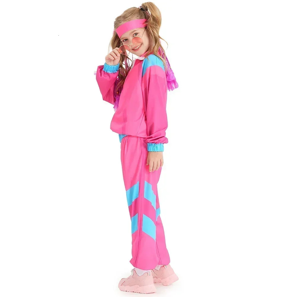 Boys and Girls 80s Tracksuit Hip Hop Costume Top Pants Sets Outfit Retro Disco Dance Sportswear Blue Pink Baseball Uniform 251231